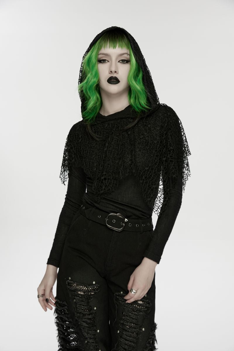Schwarzes, langärmliges Oberteil Morbid Mesh Hooded Top mit Netzdetail und Kapuze von Punk Rave