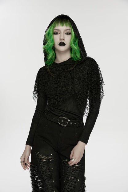 Schwarzes, langärmliges Oberteil Morbid Mesh Hooded Top mit Netzdetail und Kapuze von Punk Rave