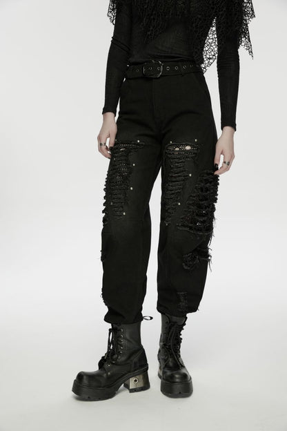 Schwarze Jeans Dark Tribe Trousers im Used-Look mit Netzeinsätzen und Nieten von Punk Rave