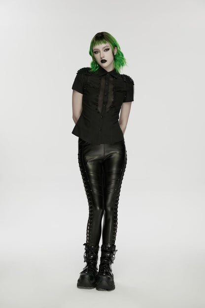Schwarzes, figurbetontes Kurzarmhem Mistress Mayhem Shirt mit Nieten besetzt von Punk Rave