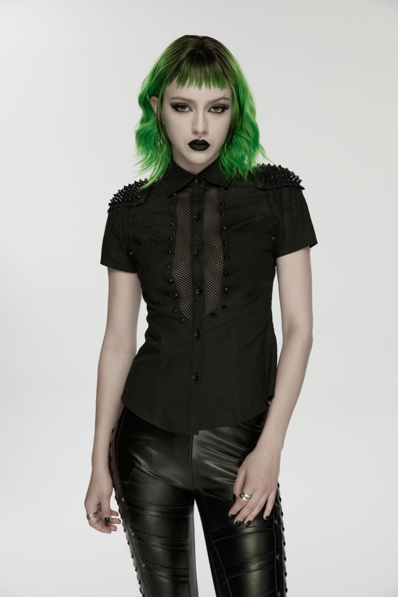 Schwarzes, figurbetontes Kurzarmhem Mistress Mayhem Shirt mit Nieten besetzt von Punk Rave