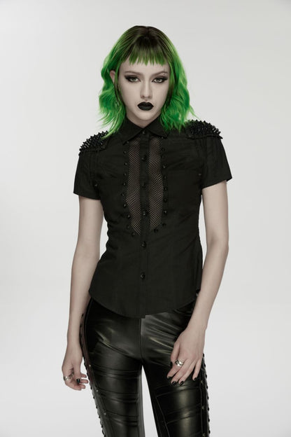 Schwarzes, figurbetontes Kurzarmhem Mistress Mayhem Shirt mit Nieten besetzt von Punk Rave