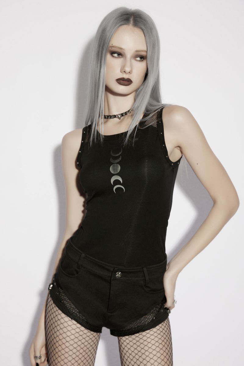 Schwarzes Gothic-Tanktop Moon Girl Top mit Mesh-Rückenteil und Mondphasen-Print von Punk Rave