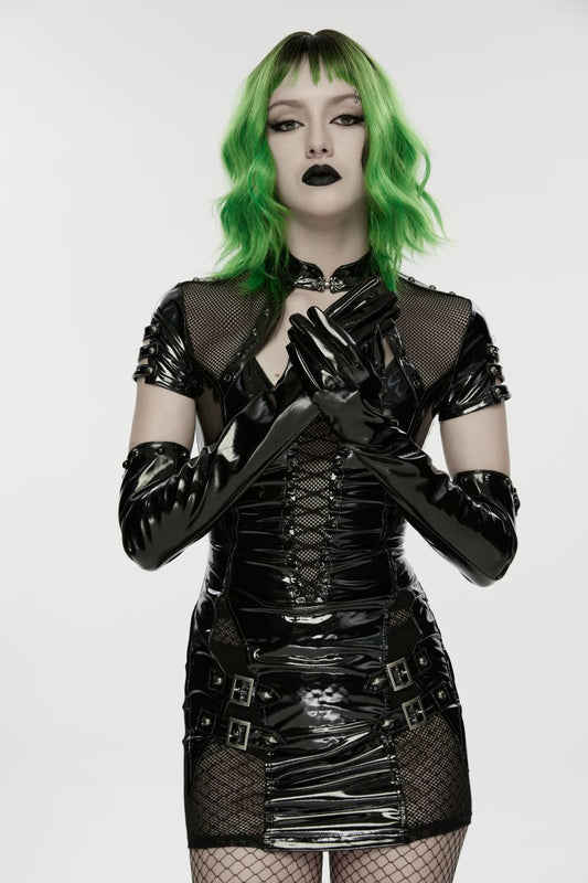Schwarze, ellenbogenlange Fetisch-Handschuhe Mistress Mayhem Long PVC Gloves mit Nieten von Punk Rave