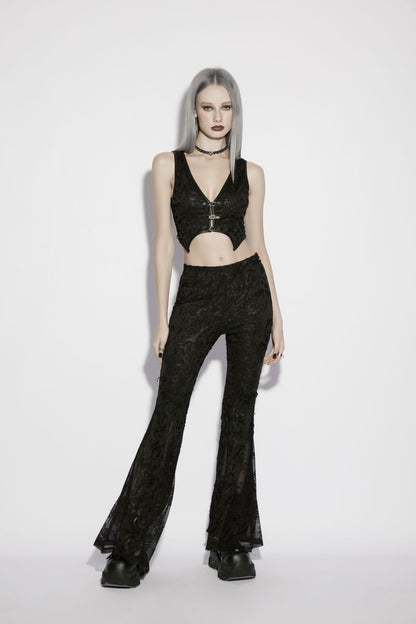 Schwarze Schlaghose Lure of Ligeia Trousers im romantischen Gothic-Stil und Spitzeneinsätzen am Saum von Punk Rave