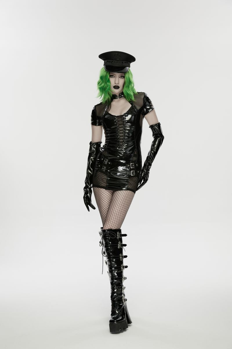 Schwarzes, figurbetontes Kleid Mistress Mayhem Dress aus glänzendem Kunstleder von Punk Rave