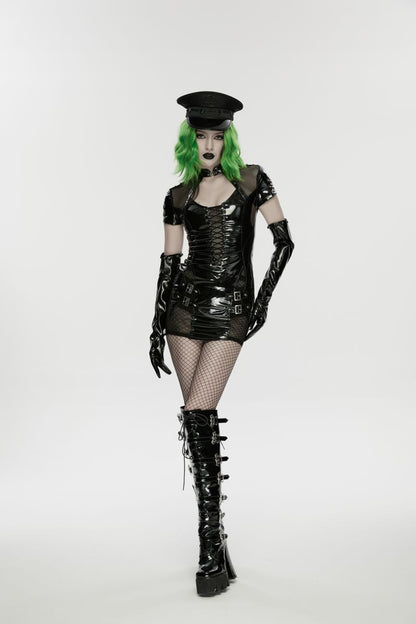 Schwarzes, figurbetontes Kleid Mistress Mayhem Dress aus glänzendem Kunstleder von Punk Rave