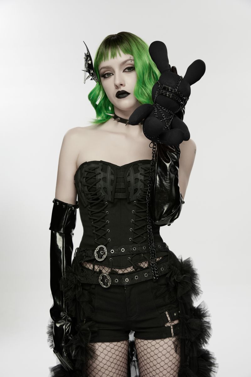 Schwarzes Gothic-Hasen-Accessoire Black Bondage Bunny Familiar mit Ketten und Maske mit Nietenbesatz von Punk Rave