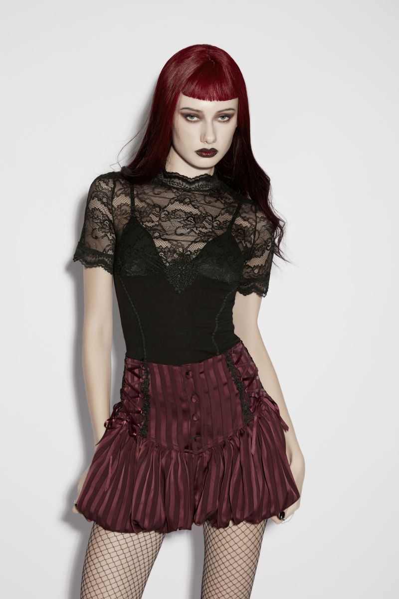 Gothic-Romantik-Oberteil Lure of Ligeia Lace Top mit kurzen Ärmeln, transparentem Spitzen-Oberteil und Jersey-Unterteil von Punk Rave