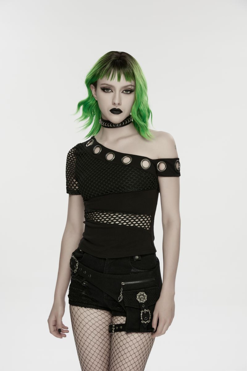 Schwarzes, figurbetontes Punk-Oberteil Nexus Asymmetric Off-Shoulder Top im One-Shoulder-Stil mit Mesh-Einsätzen und großen Ösen-Details von Punk Rave