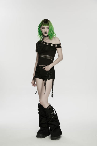 Schwarzes, figurbetontes Punk-Oberteil Nexus Asymmetric Off-Shoulder Top im One-Shoulder-Stil mit Mesh-Einsätzen und großen Ösen-Details von Punk Rave