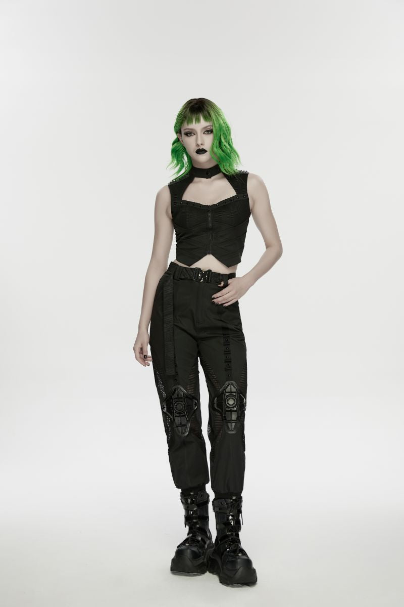 Schwarze Damen-Jogginghose Ex Machina Cyberpunk Trousers im Cyber-Stil mit geformten Gummielementen an den Knien und Mesh-Einsätzen von Punk Rave