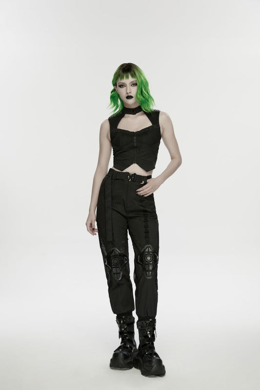 Schwarze Damen-Jogginghose Ex Machina Cyberpunk Trousers im Cyber-Stil mit geformten Gummielementen an den Knien und Mesh-Einsätzen von Punk Rave