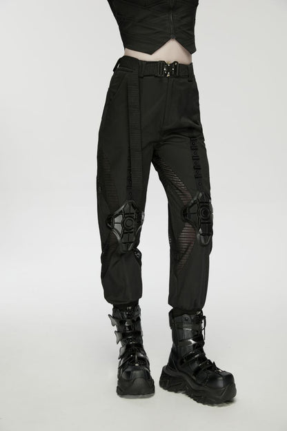 Schwarze Damen-Jogginghose Ex Machina Cyberpunk Trousers im Cyber-Stil mit geformten Gummielementen an den Knien und Mesh-Einsätzen von Punk Rave