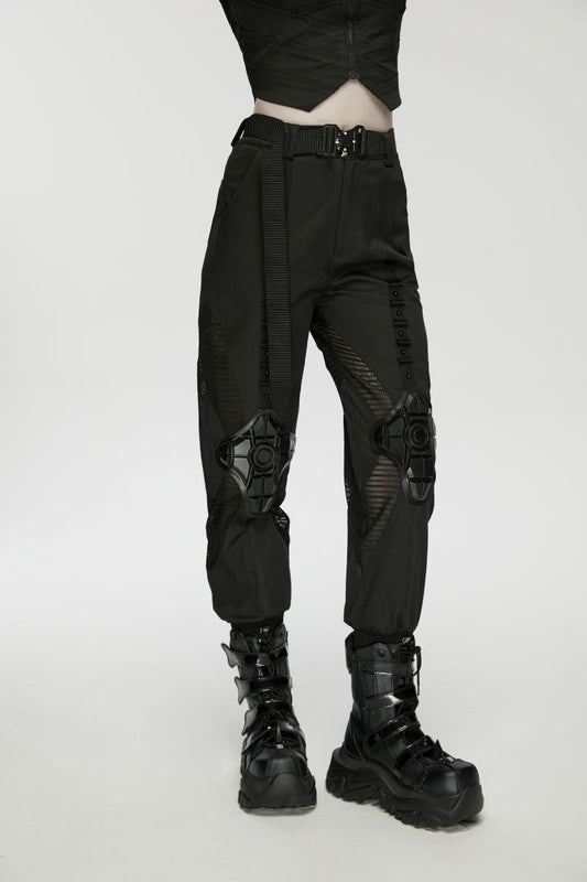 Schwarze Damen-Jogginghose Ex Machina Cyberpunk Trousers im Cyber-Stil mit geformten Gummielementen an den Knien und Mesh-Einsätzen von Punk Rave