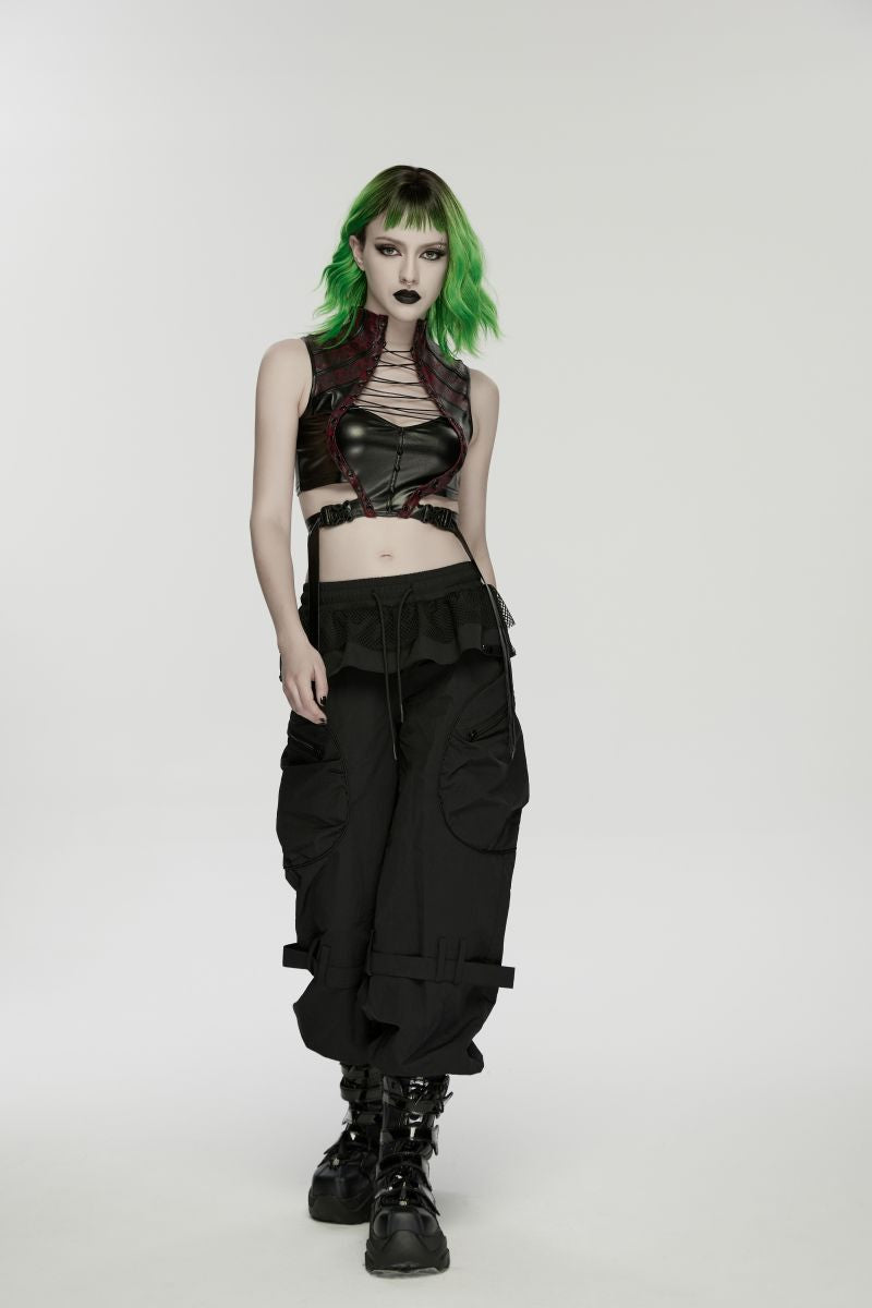 Schwarze, weite Hose Spaceship Cargo Pants mit Schößchenbund und vielen Taschen von Punk Rave