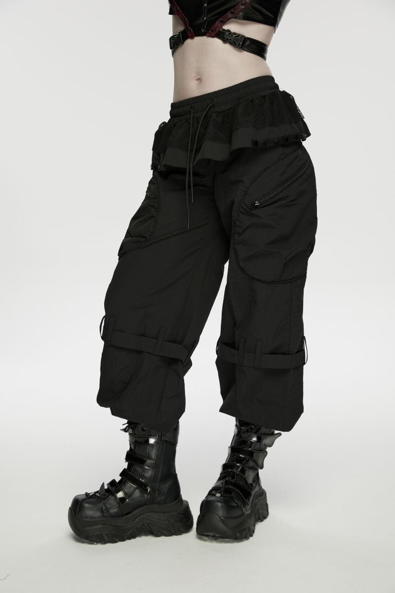 Schwarze, weite Hose Spaceship Cargo Pants mit Schößchenbund und vielen Taschen von Punk Rave