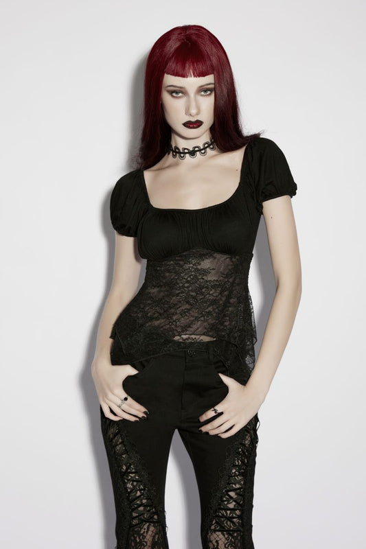 Schwarzes Kurzarm-Oberteil Lorelei Lace Top im Gothic-Romantik-Stil mit Jersey-Oberteil und einem mehrlagigen Unterteil aus transparenter Spitze von Punk Rave