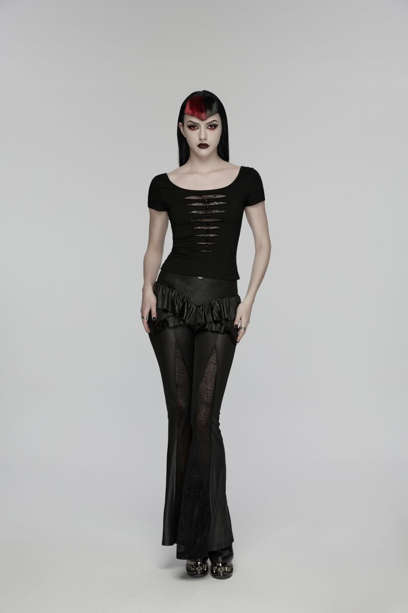 Schwarzes tailliertes Gothic-Oberteil Arnika T-Shirt mit Kurzarm und Used-Optik-Details von Punk Rave