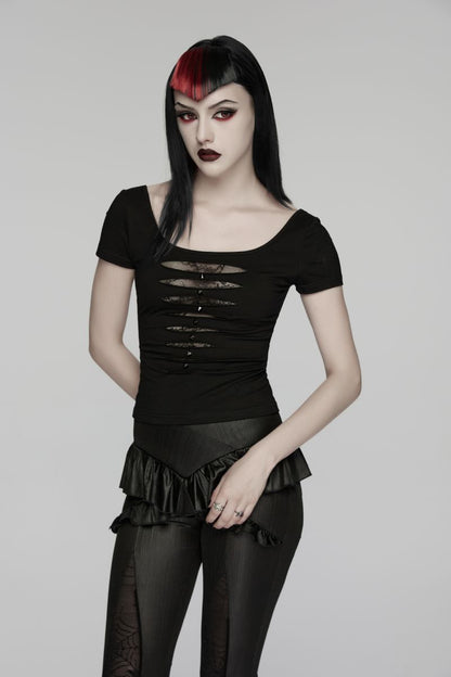 Schwarzes tailliertes Gothic-Oberteil Arnika T-Shirt mit Kurzarm und Used-Optik-Details von Punk Rave