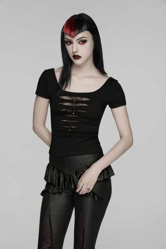Schwarzes tailliertes Gothic-Oberteil Arnika T-Shirt mit Kurzarm und Used-Optik-Details von Punk Rave