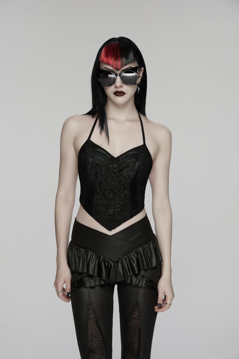 Schwarzes tailliertes Gothic-Oberteil Royal Elegy Halterneck Top aus Spitze von Punk Rave
