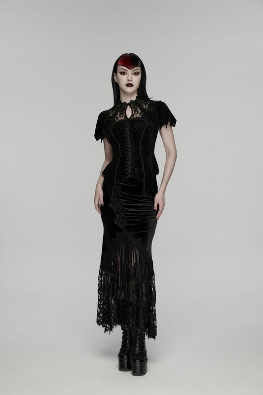 Schwarzes Samt-Oberteil Roses Rhapsody Top im romantischen Gothic-Stil mit kurzen Flatterärmeln, Spitzen-Ausschnitt und Rüschendetails von Punk Rave