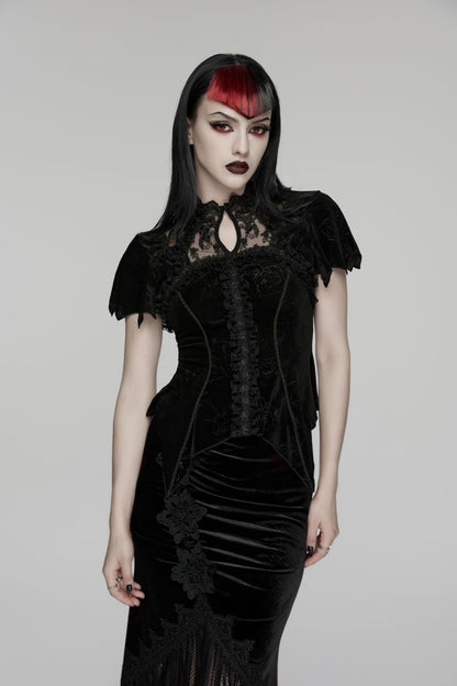 Schwarzes Samt-Oberteil Roses Rhapsody Top im romantischen Gothic-Stil mit kurzen Flatterärmeln, Spitzen-Ausschnitt und Rüschendetails von Punk Rave