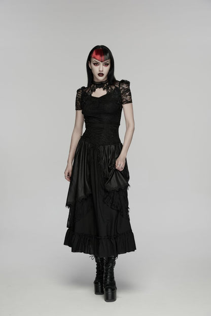 Schwarzes Gothic-Romantic-Shirt Lilith's Allure Lace Top aus Spitze mit kurzen Ärmeln und Cut-out-Ausschnitt von Punk Rave