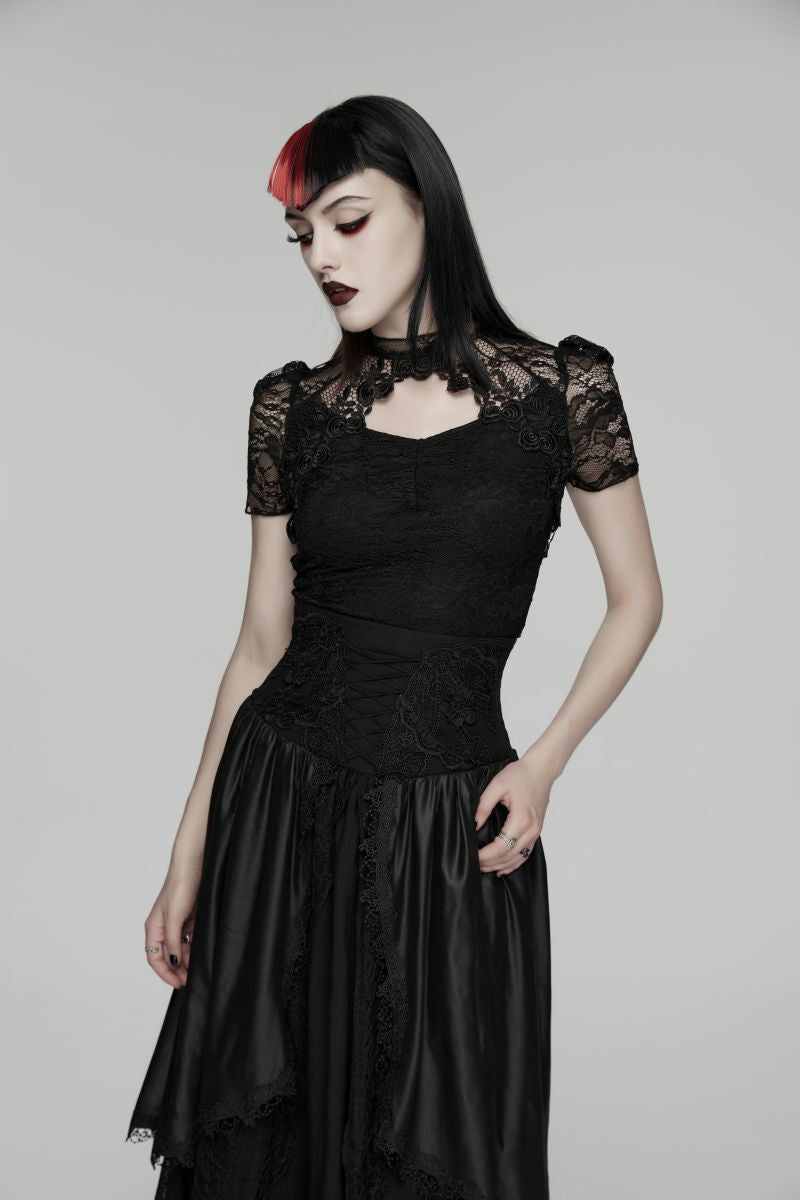 Schwarzes Gothic-Romantic-Shirt Lilith's Allure Lace Top aus Spitze mit kurzen Ärmeln und Cut-out-Ausschnitt von Punk Rave