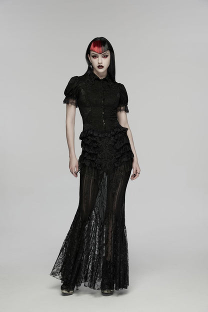 Schwarzes Gothic-Romantik-Spitzenoberteil Dark Ophelia Short Sleeve Laced Shirt mit kurzen Ärmeln und Kragen mit Spitzenapplikation von Punk Rave