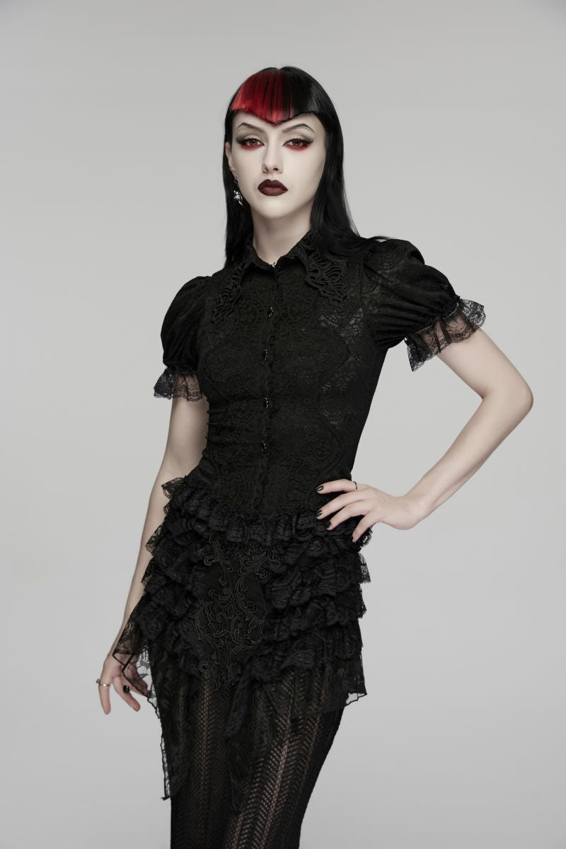 Langer Spitzenrock Dark Ophelia Skirt im Romantic-Gothic-Stil mit Rüschen und Spitzenapplikation von Punk Rave