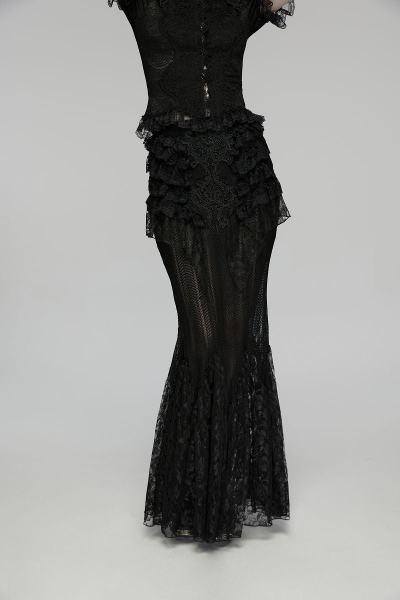 Langer Spitzenrock Dark Ophelia Skirt im Romantic-Gothic-Stil mit Rüschen und Spitzenapplikation von Punk Rave