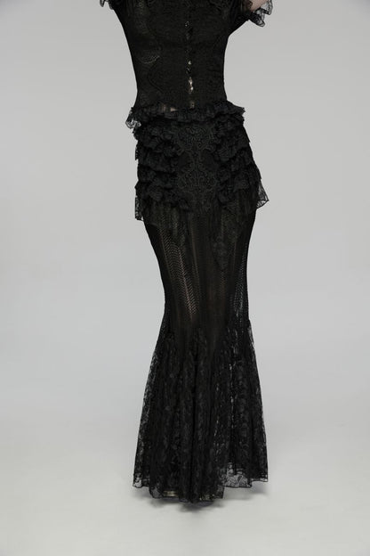 Langer Spitzenrock Dark Ophelia Skirt im Romantic-Gothic-Stil mit Rüschen und Spitzenapplikation von Punk Rave