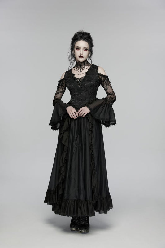 Schwarzes, langes Kleid Mourning Orchid Dress im viktorianischen Gothic-Stil mit Spitzenoberteil, langen ausgestellten Ärmeln und Rüschenverzierungen am Rock von Punk Rave