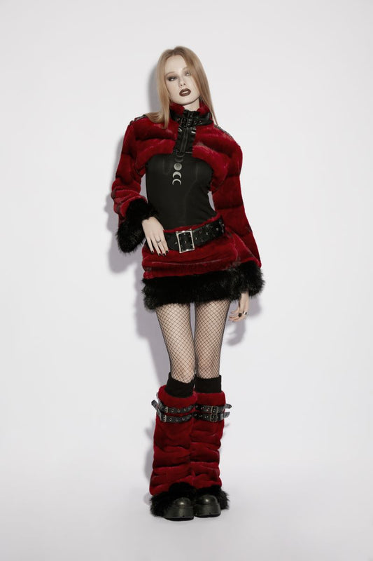 Schwarze/Roter Minirock Hex Fur Blood Red Skirt mit Kunstfell von Punk Rave