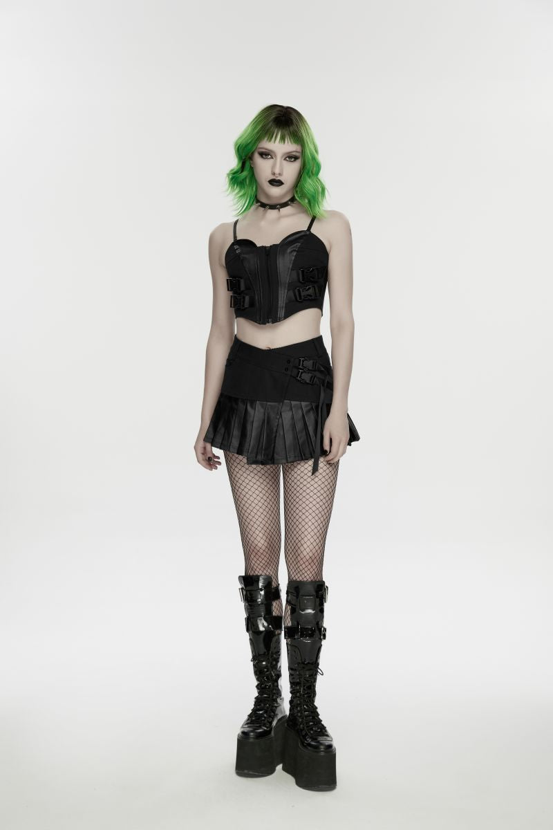Schwarzes Oberteil Ex Machina Top mit Schnallen und Kunstlederdetails von Punk Rave