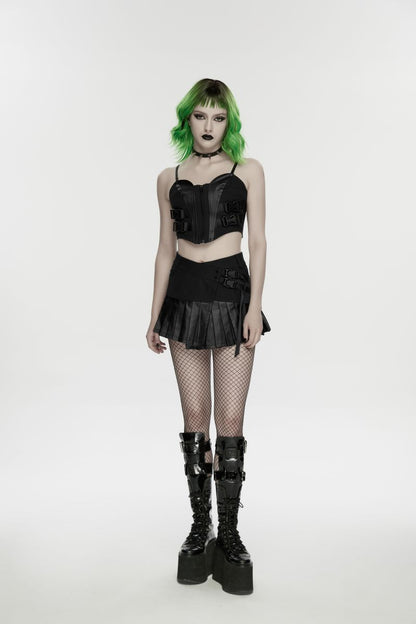 Schwarzes Oberteil Ex Machina Top mit Schnallen und Kunstlederdetails von Punk Rave