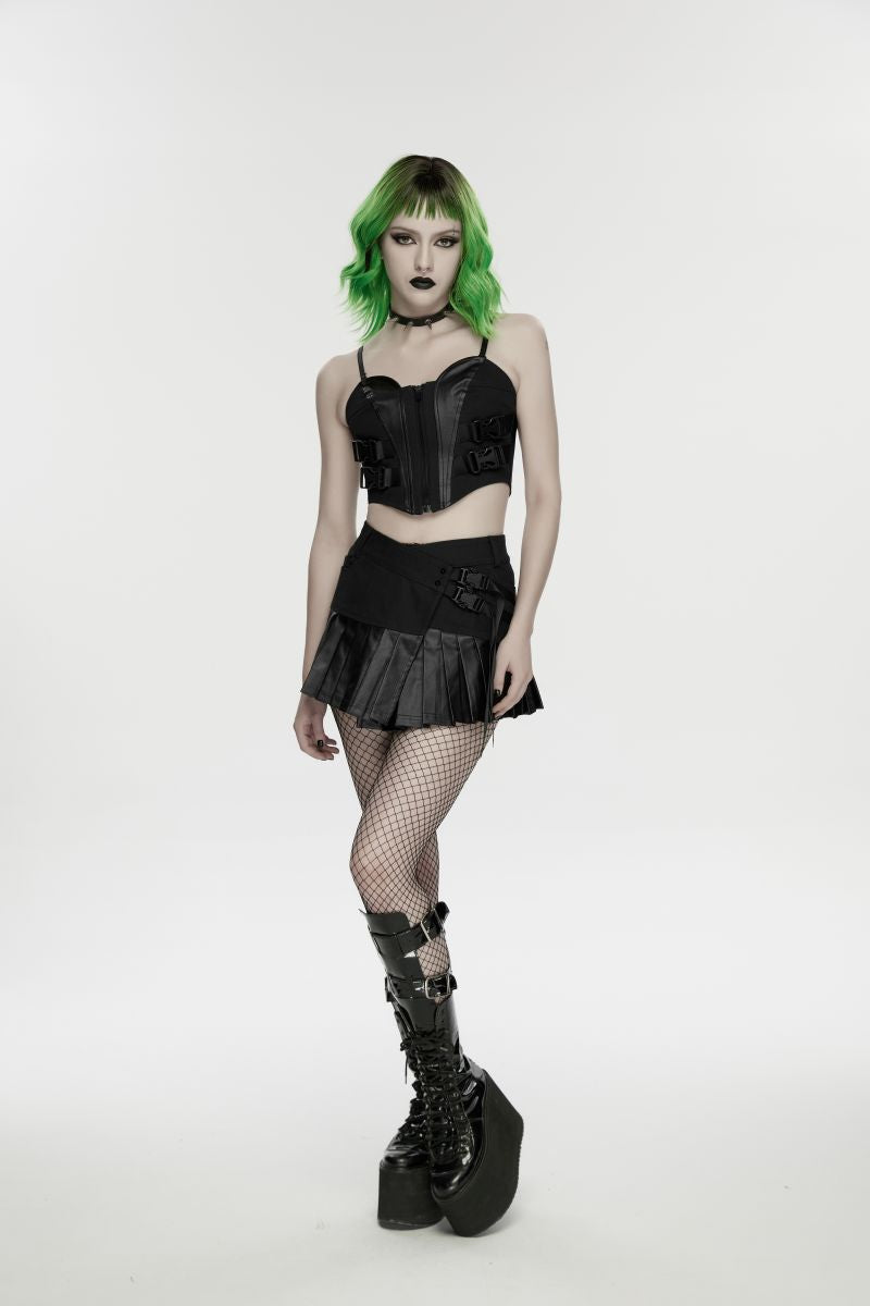 Schwarzer Minirock Ex Machina Pleated Skirt im asymmetrischen Design mit Kunstlederdetails von Punk Rave