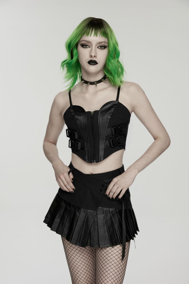 Schwarzer Minirock Ex Machina Pleated Skirt im asymmetrischen Design mit Kunstlederdetails von Punk Rave