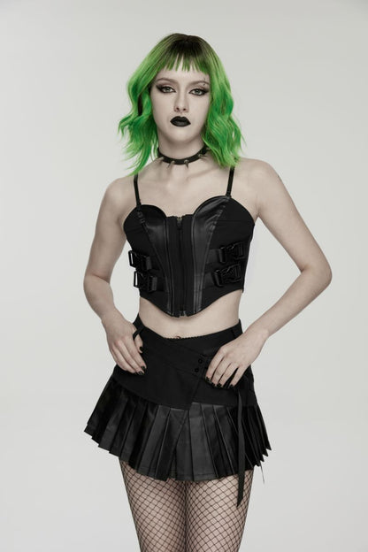 Schwarzer Minirock Ex Machina Pleated Skirt im asymmetrischen Design mit Kunstlederdetails von Punk Rave