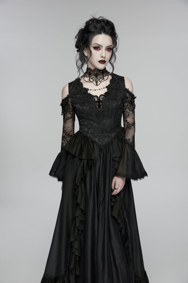 Schwarzes, langes Kleid Mourning Orchid Dress im viktorianischen Gothic-Stil mit Spitzenoberteil, langen ausgestellten Ärmeln und Rüschenverzierungen am Rock von Punk Rave