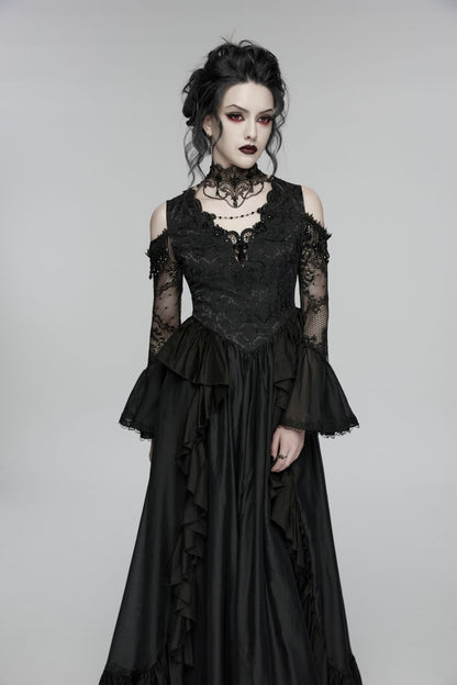Schwarzes, langes Kleid Mourning Orchid Dress im viktorianischen Gothic-Stil mit Spitzenoberteil, langen ausgestellten Ärmeln und Rüschenverzierungen am Rock von Punk Rave