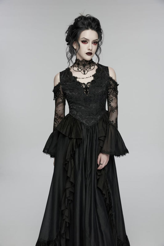 Schwarzes, langes Kleid Mourning Orchid Dress im viktorianischen Gothic-Stil mit Spitzenoberteil, langen ausgestellten Ärmeln und Rüschenverzierungen am Rock von Punk Rave