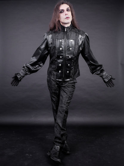 Drake Waistcoat aus schwarzem King-Brokat mit mattschwarzen Details und silberfarbenen Knöpfen von Burleska