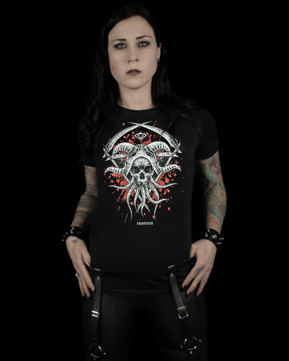Schwarzes Oberteil Eye Of Evil Shirt mit Totenkopf- und Tentakelprint von Tributica