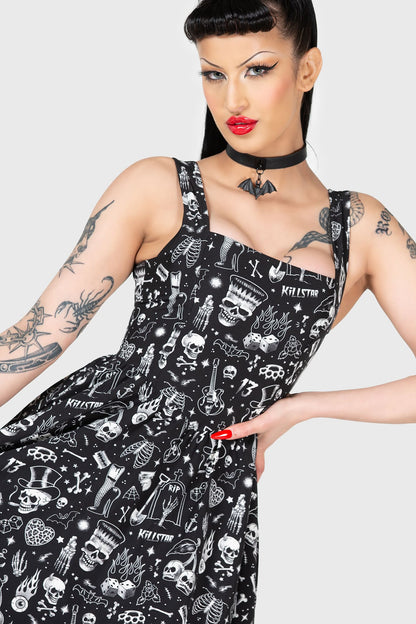 Schwarzes, kurzes Kleid FLIPPED MINI DRESS mit weißem, kleinen Allover-Print im Rockabilly-Style von Killstar