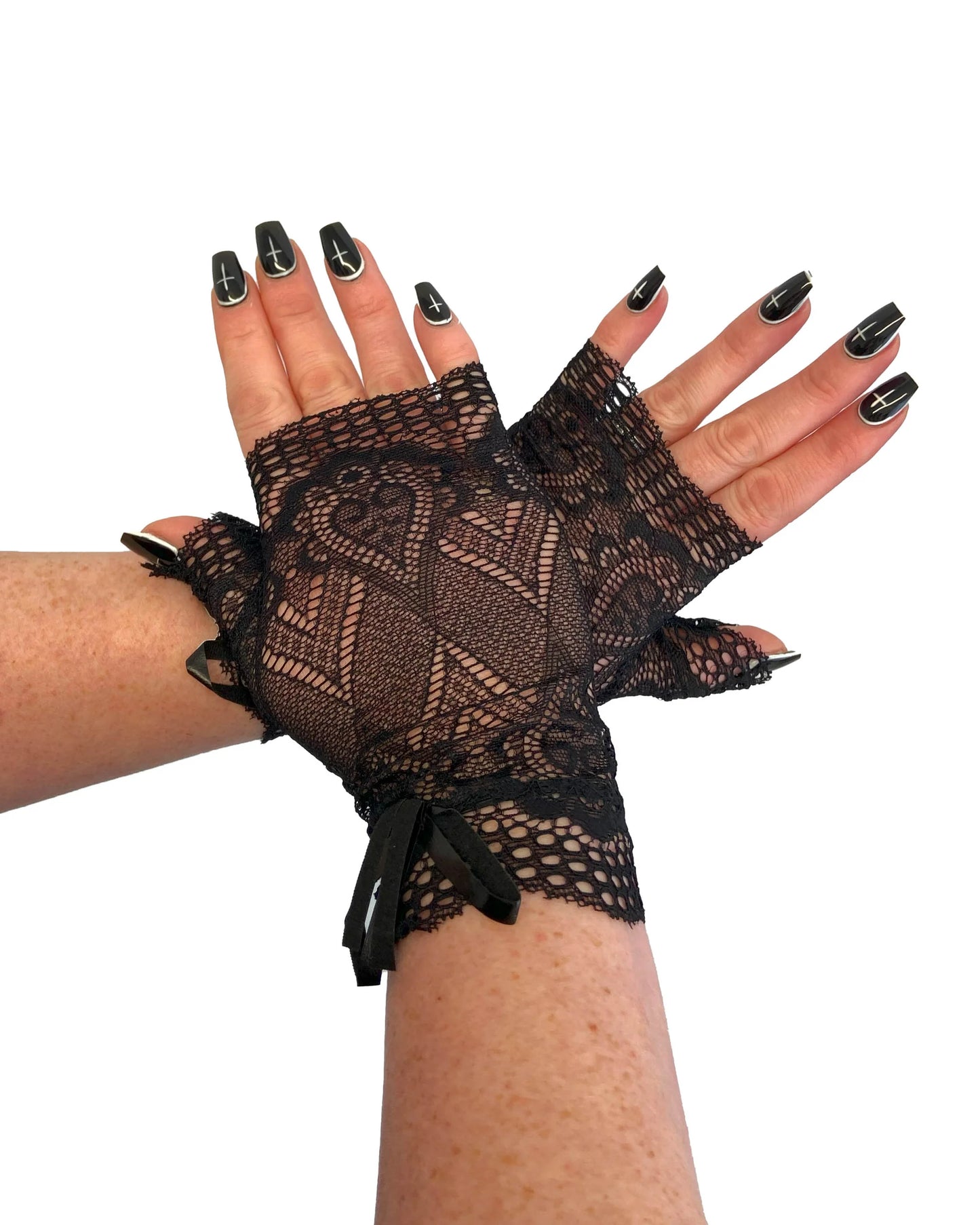 Schwarze Spitzen-Armstulpen Fingerless Lace Gloves With Bow von Pamela Mann