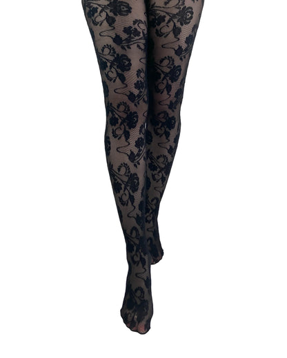 Schwarze Strumpfhose Fleur Lace Tights mit floralem Spitzenmuster von Pamela Mann