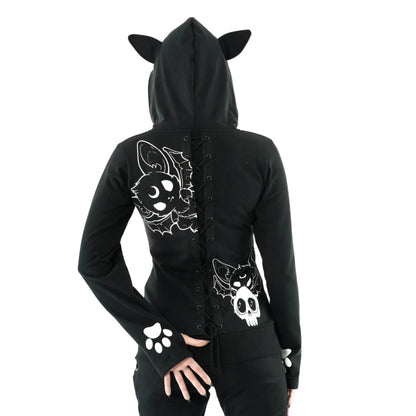 Schwarze Sweatshirtjacke GAME OVER HOOD mit niedlichem Fledermausprint und Fledermausohren an der Kapuze von Heartless